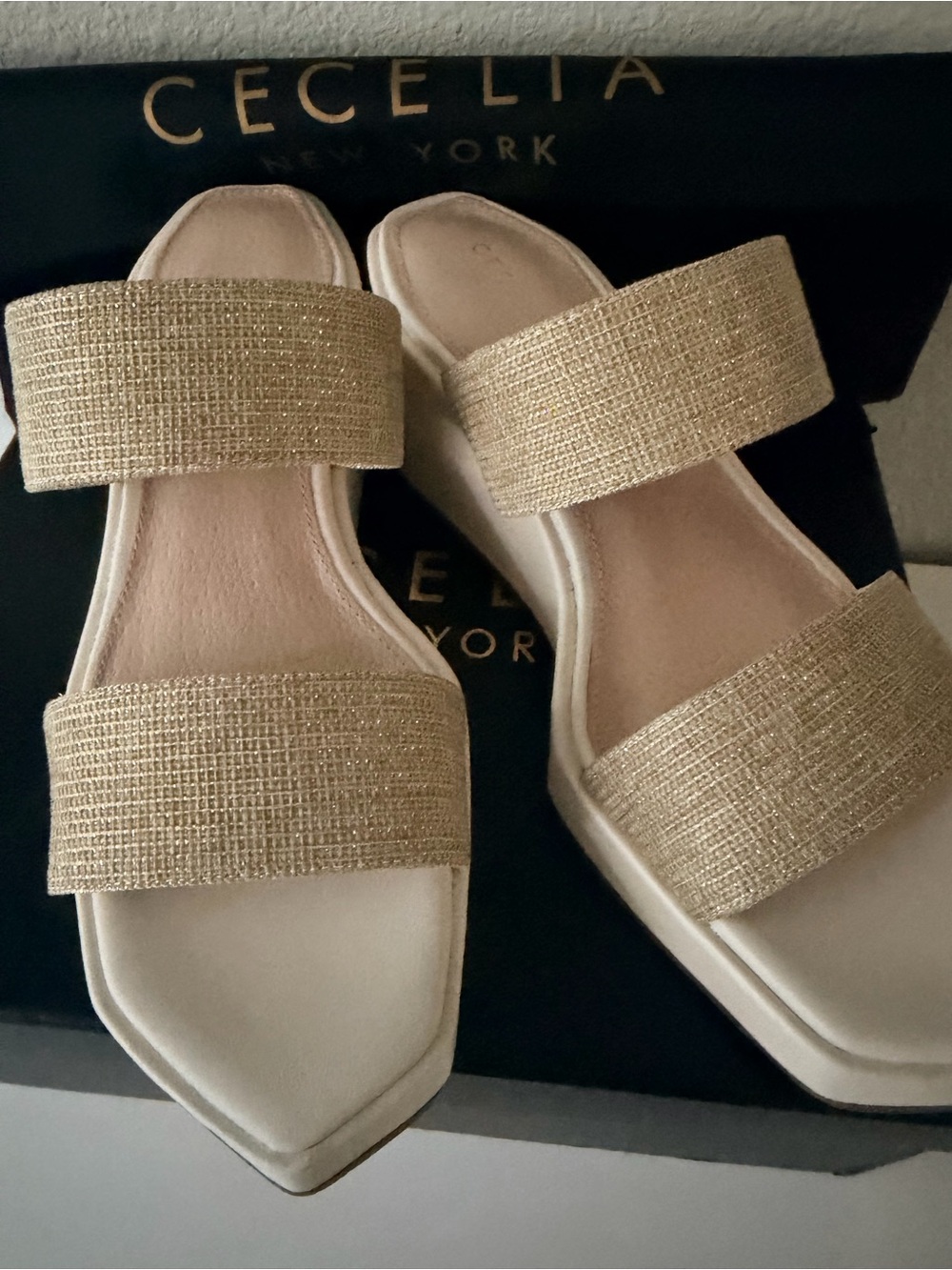 $245 Cecelia NY Baily Wedge Sandal with Gold Straps - Cream & Gold [NEW IN BOX]